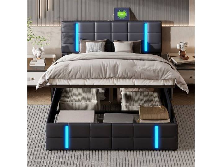 Lit Double 160x200cm - Lit Rembourré 160x200cm - Tête de Lit Éclairage LED et Prise USB - Sans matelas - Noir