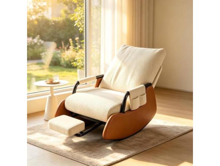 kumamart Schaukelstuhl Wohnzimmer mit Ausziehbarer Beinablage Wohnzimmersessel mit harmonischer Wippfunktion und durchdachter Seitenaufbewahrung.