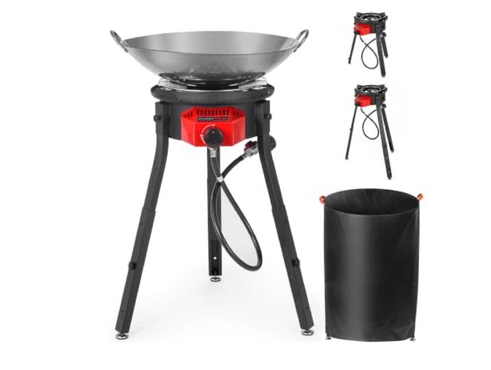 OuterMust Outdoor Herd Wok Station mit Abdeckung, Eisen Wok, Elektronische Zündung & Verstellbarer Stützständer, 54000 BTU Brenner für BBQ, Hinterhof
