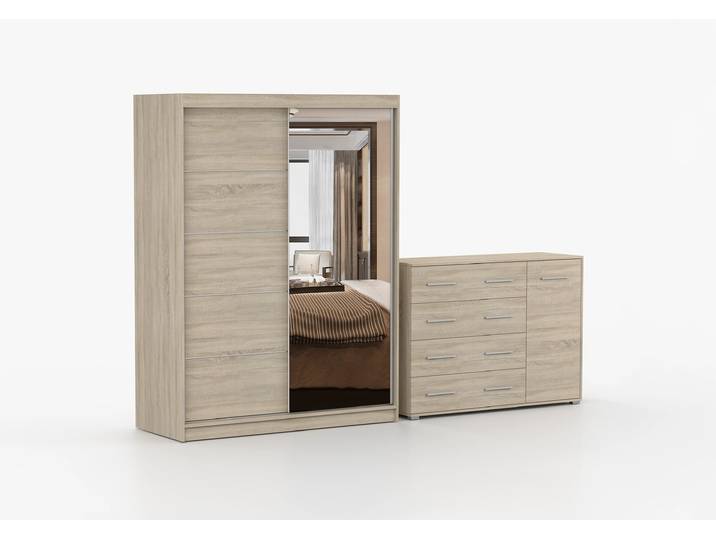 Schwebetürenschrank und Kommode 2-er Set VISTA 05/FRIDA 02 Sonoma Eiche Sonoma Eiche + Spiegel Ohne LED-Beleuchtung