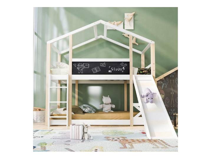 LuxusKollektion Hausbett Etagenbett Kinder mit Rutsche Hausbett Natur+Weiss