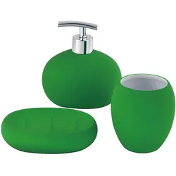 Benetton - 3-teiliges Badezimmerzubehör-Set (Glas + Seifenspender + Seifenschale) aus regenbogengrüner Keramik
