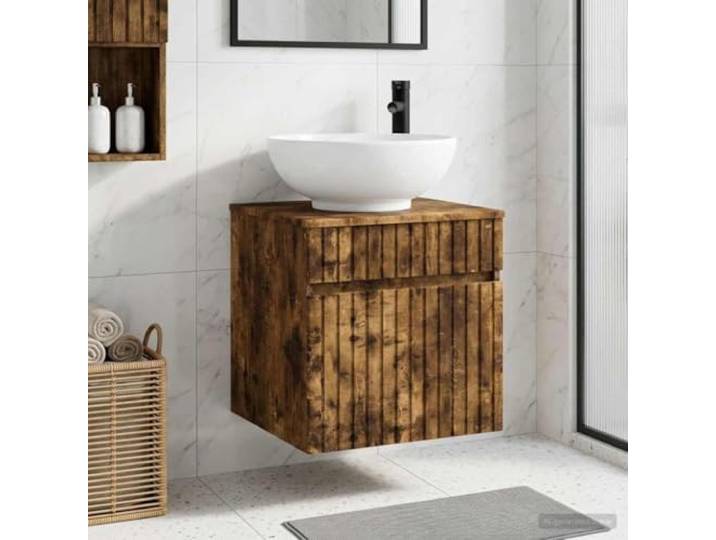 KTHLBRH Wandmontierte Waschbecken-Vanität in Räuchereiche mit Schublade, Wandmontage, Schubladensystem, Holzwerkstoff, Räuchereiche, schlank, minimalistisch, feuchtigkeitsbeständig, einfache Montage