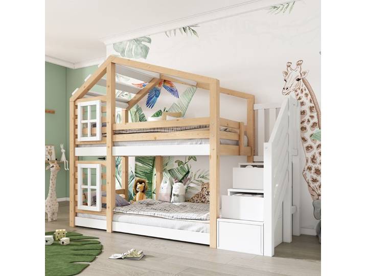 Lit Superposé Cabane Enfant LEMLIT 2x90x200 cm Style Baumhaus Fenêtres Rangement Barrières Sécurité - Blanc Naturel