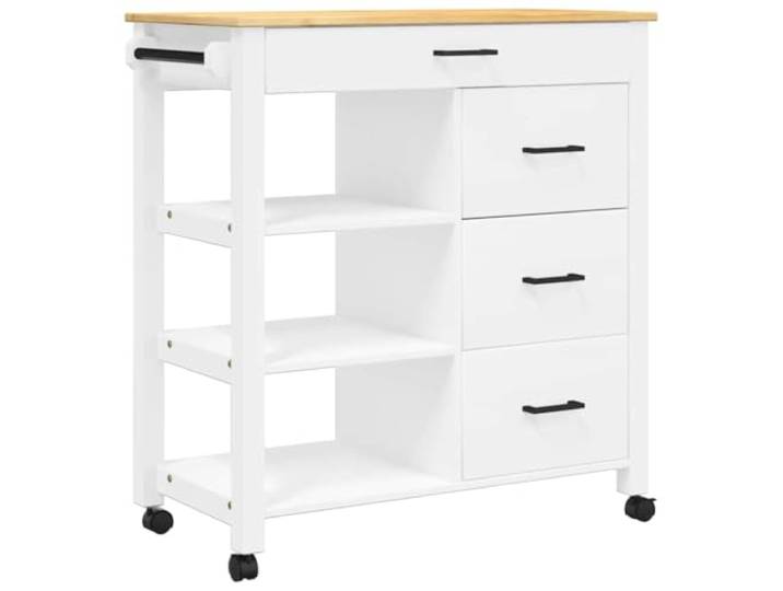 Foknhdi Küchenwagen Monza Massivholz Kiefer Rollwagen Weiß 84x40x88.5cm Vielseitiger Servierwagen aus Kiefernholz mit 4 Schubladen und Ablagen für ordentliche Aufbewahrung in Küche und Wohnzimmer.