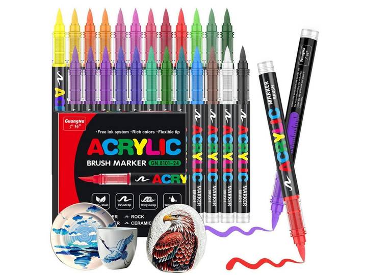 Acrylstifte 24er Set mit flexibler Pinselspitze, Mehrfarbig, Kunststoff, 14x1x15 cm, Dekoration, Malbedarf & Bastelbedarf