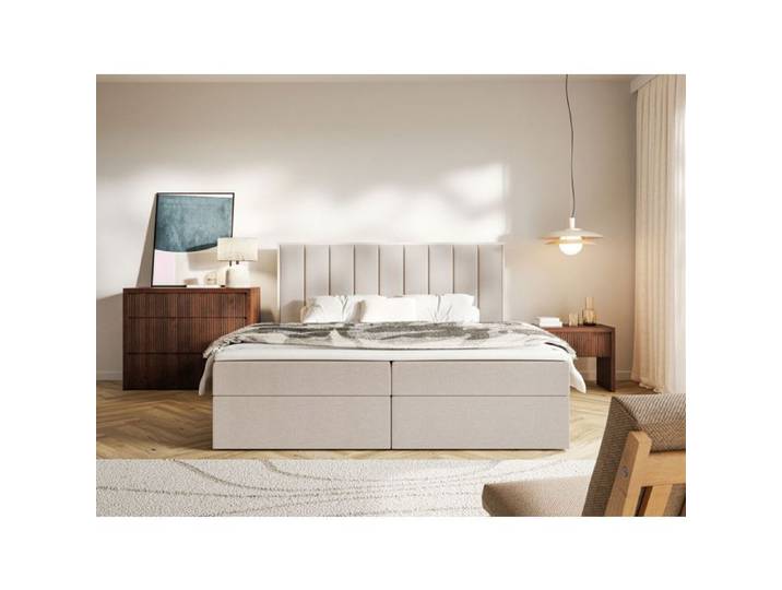 Lit boxspring avec rangement et surmatelas – TOGENTS – 160×200 – chenille hydrophobe – beige