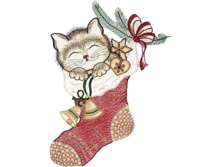Fensterbild Katze im Strumpf Gr. 1, bunt (braun, grün, rot), B:21cm H:31cm, Polyester, W. REUTER & SOHN - PLAUENER SPITZE, Fensterbilder, Fensterbild, Made in Germany