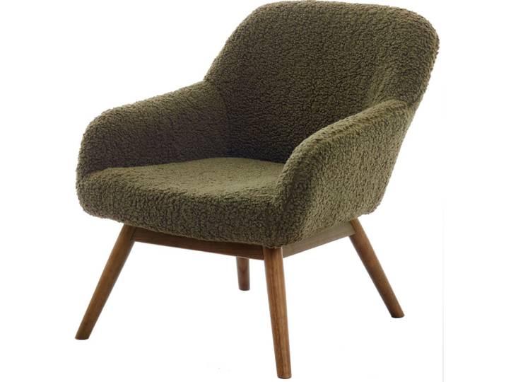 Fauteuil en bois patiné noyer et tissu bouclé army