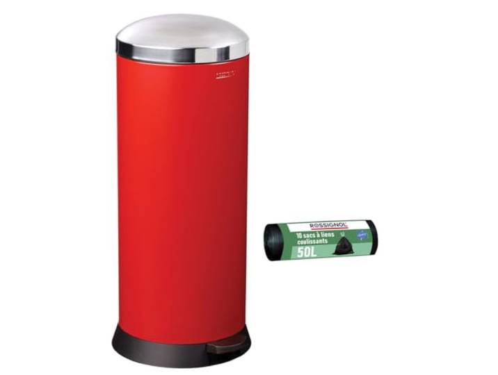 ROSSIGNOL Poubelle de cuisine à pédale et 10 sacs-poubelle. Capacité 30L\, Fabrication française\, Fermeture silencieuse\, Seau intérieur amovible BOMBA
