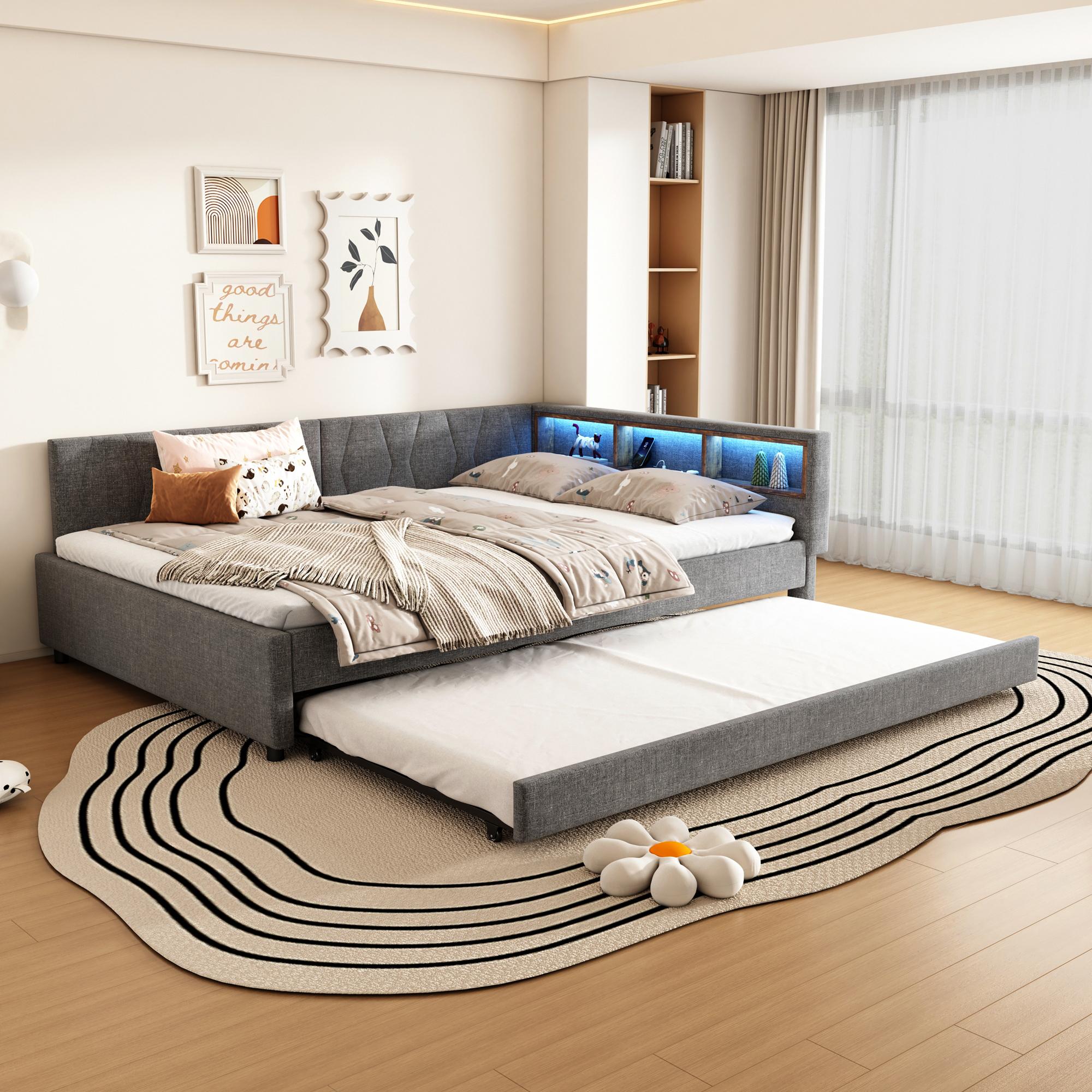Daybett,140*200cm, Tagesbett, Schlafsofa, Ablagefach am Bett, USB+Typ C, Fernbedienung für LED-Umgebungslicht, Bett mit ausziehbarem Bett, Bett mit Lattenrost (ohne Matratze), Leinen, Grau