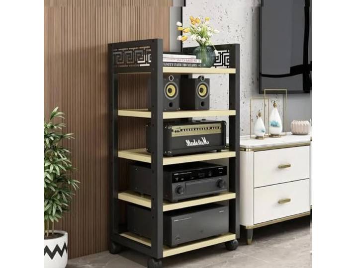 Mehrstufiger AV-Medienschrank, fahrbares Stereo-Regal für Audioanlagen 4-stufig verstellbare Böden, stabiler Holz-Metall-Aufbau, leichtlaufende Rollen(White Maple,19.7x15.7x42.5in)