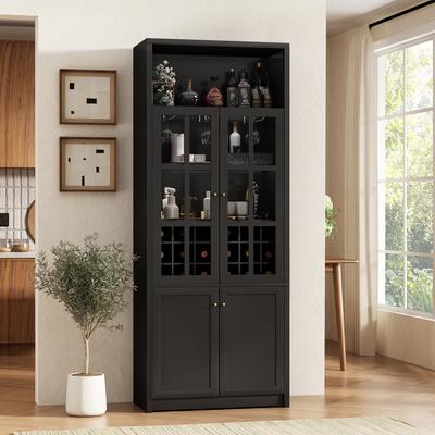 Cusp Barn "78.7"" Tall Wine Cabinet with Glass Doors, Freestanding Home Bar Furniture with 18-Bottle Grid, Stemware Rack, Storage Shelves"