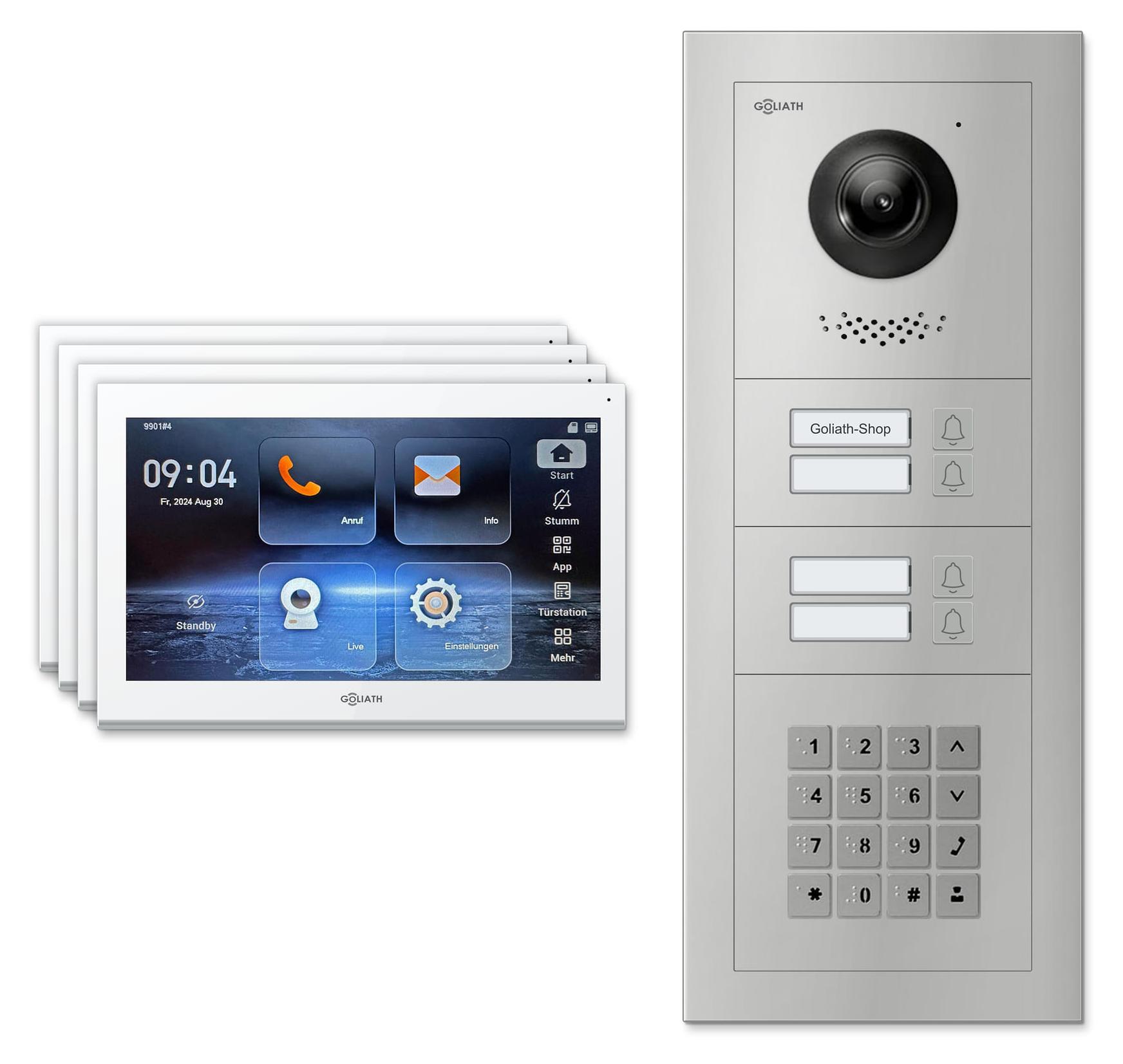 Goliath Premium IP GL-IPH420 Video-Türsprechanlage, 4 Familien, 4× 10 Zoll Weiß, Silber, Unterputz