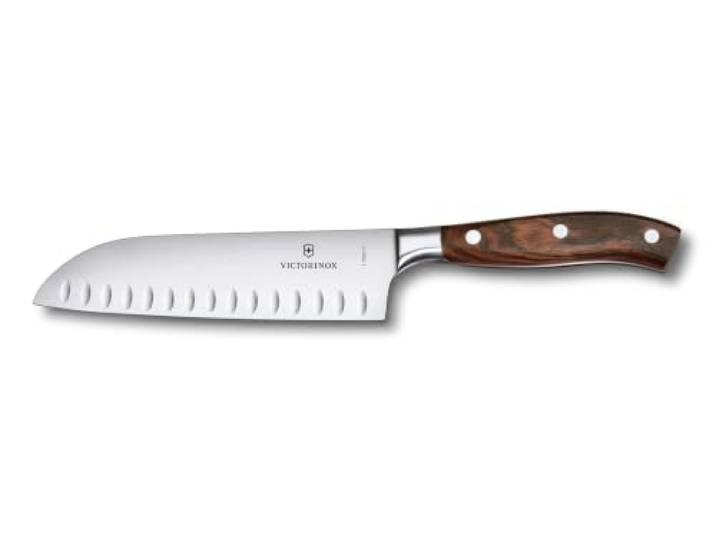 Victorinox Grand Maître, Profi Santokumesser, Extra Scharfe Klinge, Kullenschliff, 17 cm, Edler Holzgriff, Rostfreier Stahl, braun