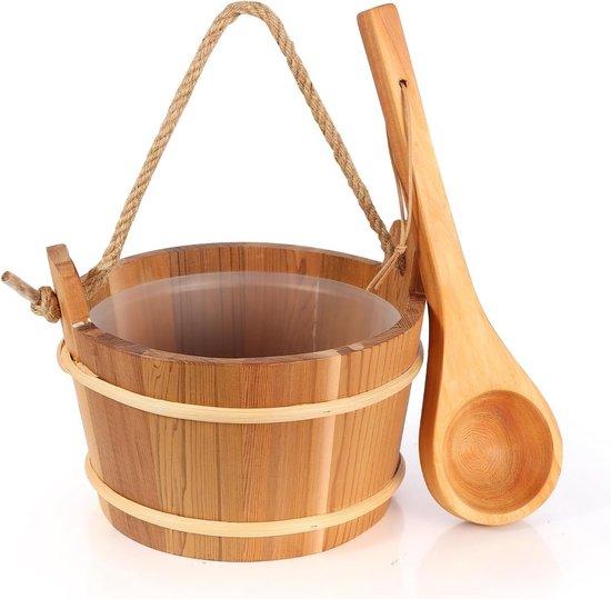 Famanu Sauna-Eimer und Schöpfkelle Set aus Holz, 4 Liter - Handgefertigt aus Zedernholz mit Griff aus Seil