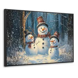 LEINWAND Bilder mit Rahmen - Schneemann - Schnee - Winter - Wald - 140x90