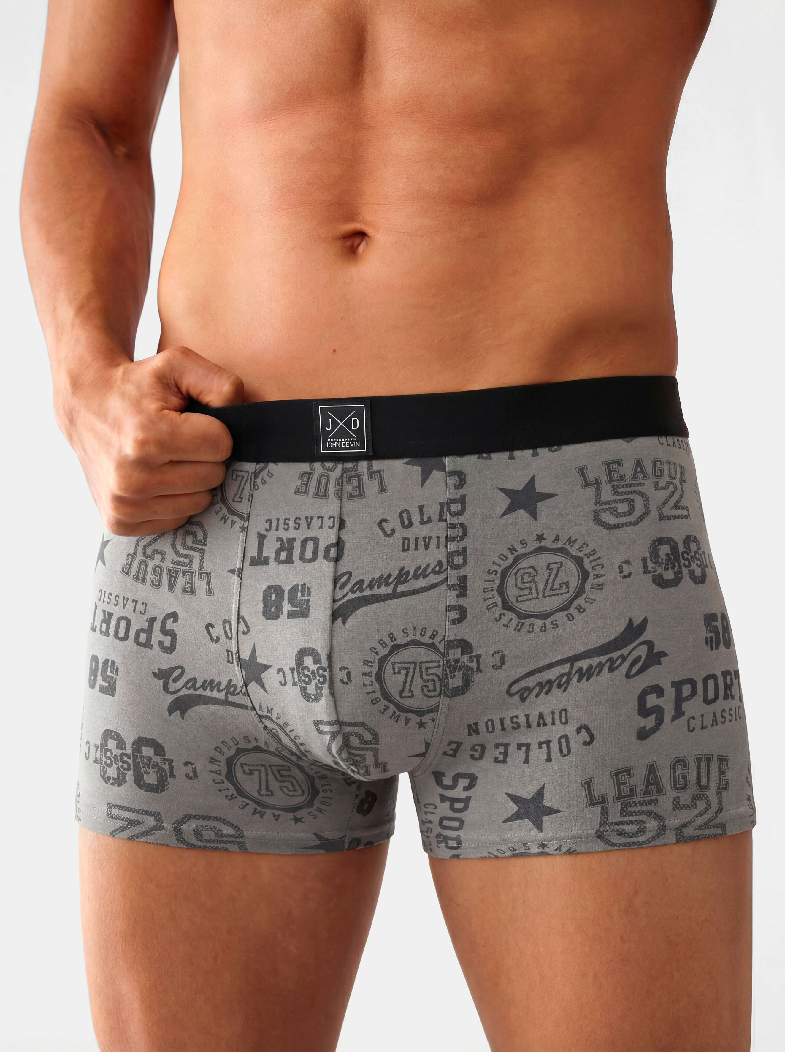 Boxer JOHN DEVIN "Boxershorts für Herren", Herren, Gr. L (6), 3 Stk., grau (college, bedruckt, dunkelgrau, schwarz), Jersey, Obermaterial: 95% Baumwolle, 5% Elasthan, bedruckt, unifarben, körpernah, Unterhosen Boxer, aus weichem Jersey-Material, teils lus