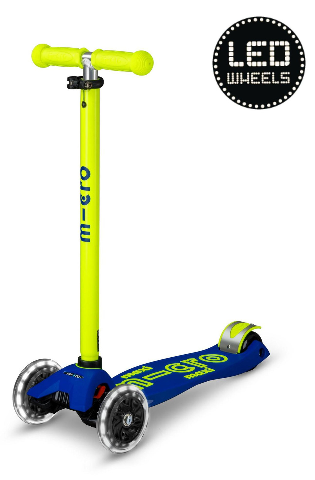Micro Kinderloopfiets Maxi Micro Deluxe LED, blauw-geel neon, met LED-wielen