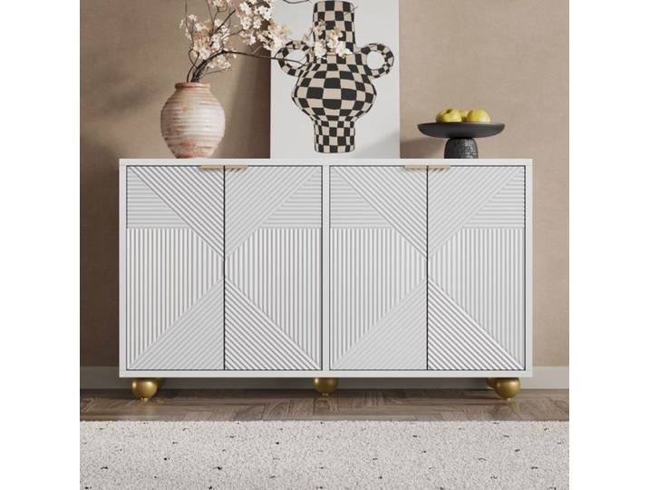 Buffet bas - SOGEU - 4 portes moulurées - Blanc - Vintage - Étagères réglables