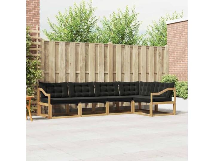 RJPLMFV Modulares Sofa für den Außenbereich, 5-Sitzer, Weiß / Schwarz Massives Akazienholz, Textilene-Stoff, abnehmbare dicke Kissen, modulares Design für Garten und Terrasse