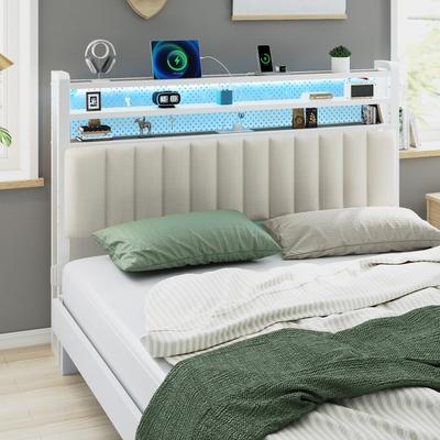 Adjustable Upholstered Headboard with 3 Tier Shelves with Charging Stations and LED Lights, Modern Bed Headboard with Storage