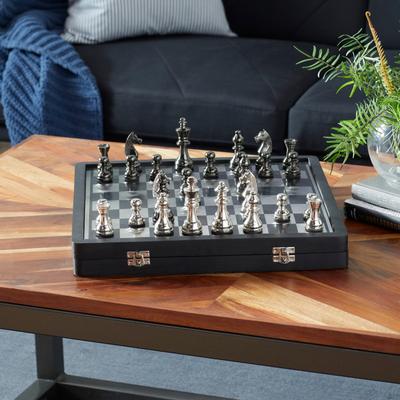 ARCILLA ELEMENTAL Black, Gold or Silver Aluminum Chess Game Set with Storage Compartment