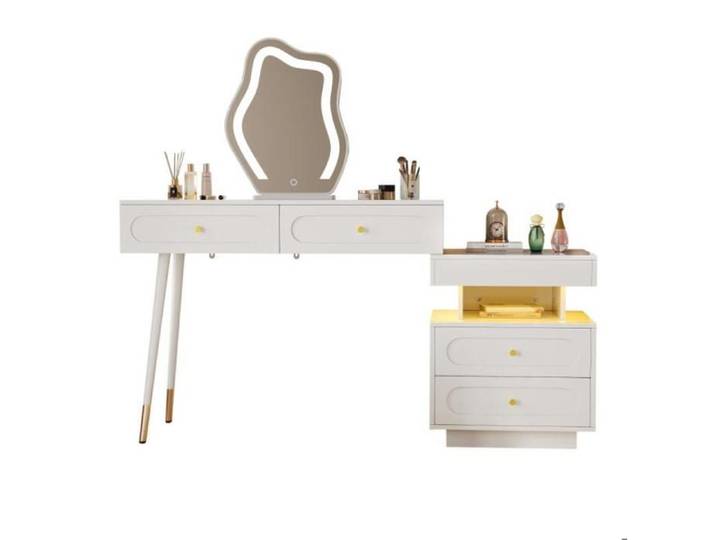 Coiffeuse avec Miroir LED et éclairage Coiffeuse avec Rangement Table de Maquillage Blanche en Bois Meuble Chambre Style Moderme