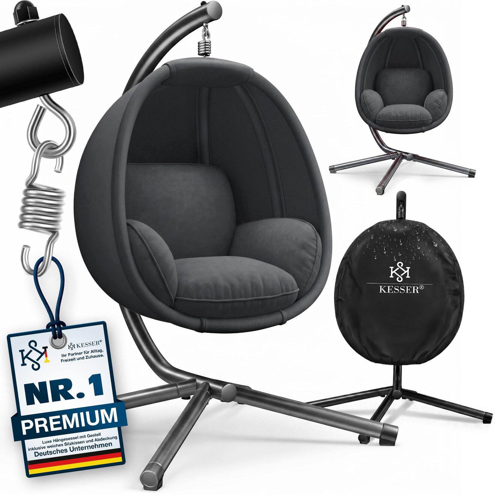 KESSER® Luxe Hängesessel mit Gestell + weicher Sitzkissen, Seitenpolsterung, Sitz- und Rückenkissen Hängekorb Indoor & Outdoor, Garten Schaukel Korb Hängestuhl Stabiler Standfuß, max. 150 kg