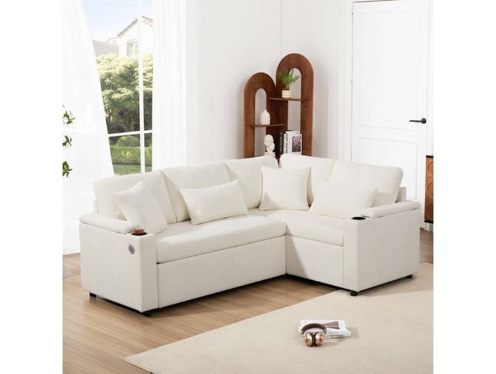 ROVRYN canapé d'angle convertible 4 places méridienne droite fixe rangement USB chenille beige