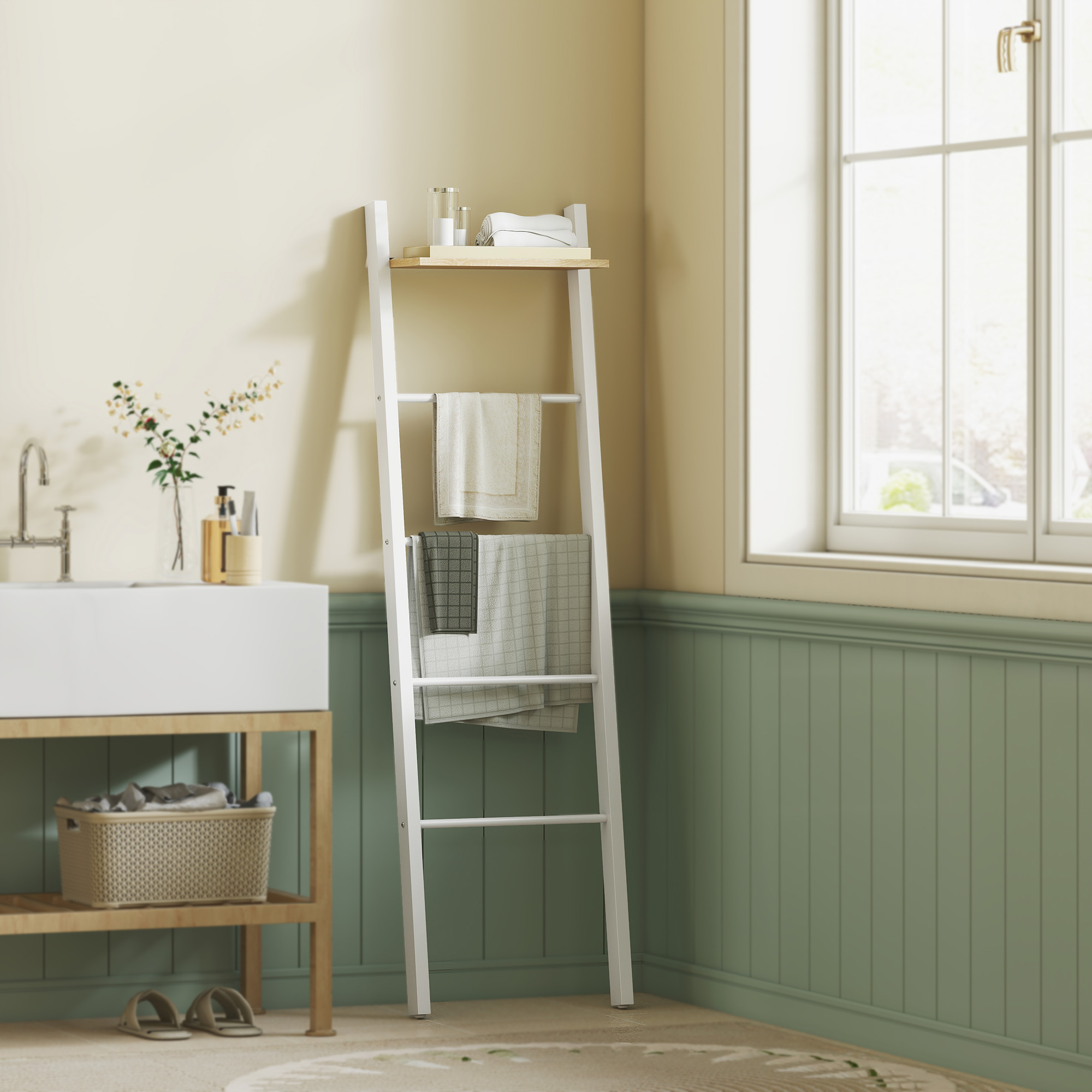 Homcom Scaletta portasciugamani con ripiano superiore e 4 aste Portasciugamani da appoggiare alla parete 43x20x151 cm Bianco e Rovere   Aosom Italy