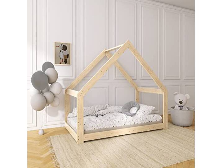 Need Sleep Kinderbett Haus Hausbett Bodentief 80x160 cm ohne Rausfallschutz mit Lattenrost Bodenbett Montessori Bett ab 2 Jahre aus Holz Mädchen Junge Symmetrisch