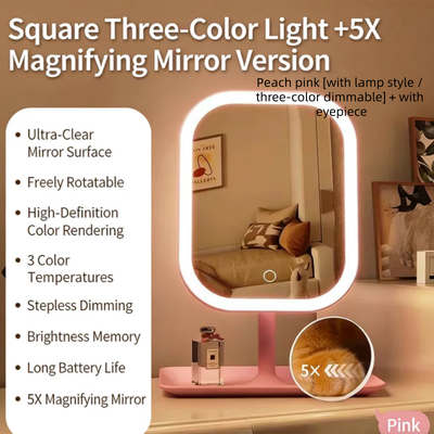 Fusion Finds Glow Ease LED Makeup Mirror With 3 Color Lights & Touch Control Portable Vanity Mirror peach Pink