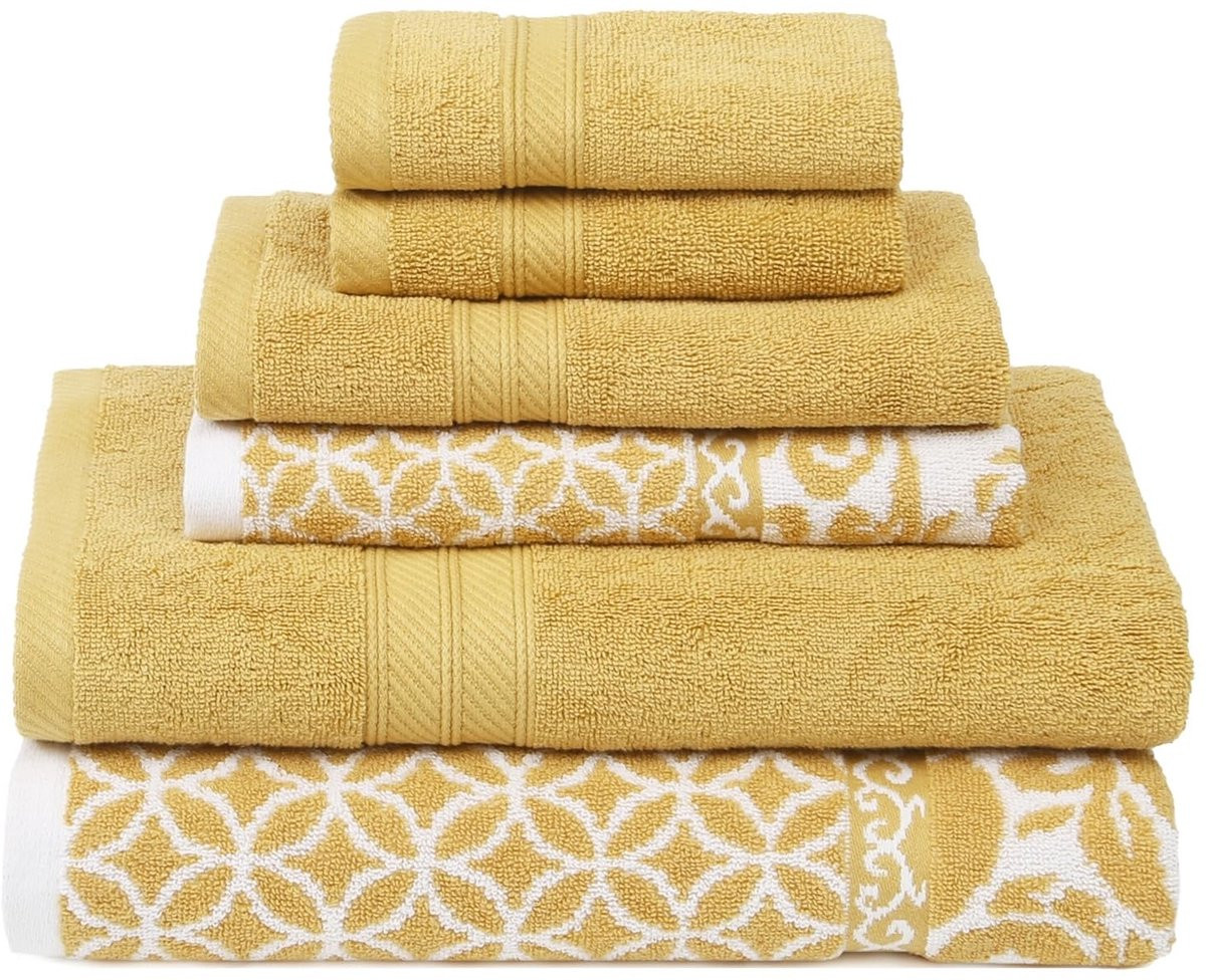 Unyqoos Luxe 6-delige handdoekenset met omkeerbaar jacquard ontwerp in goud