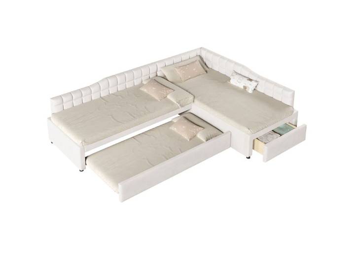 ELVORIN Lit d angle en L 90 x 200 cm avec lit gigogne tiroirs de rangement et revetement doux beige