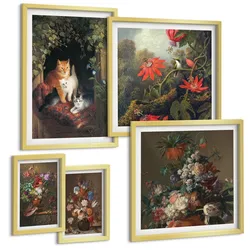 BILDER SET 5er Set - 50x50 cm & 20x30 cm & 40x60 cm Goldrahmen - Vintage-Blumen, Katzen, Pflanzen