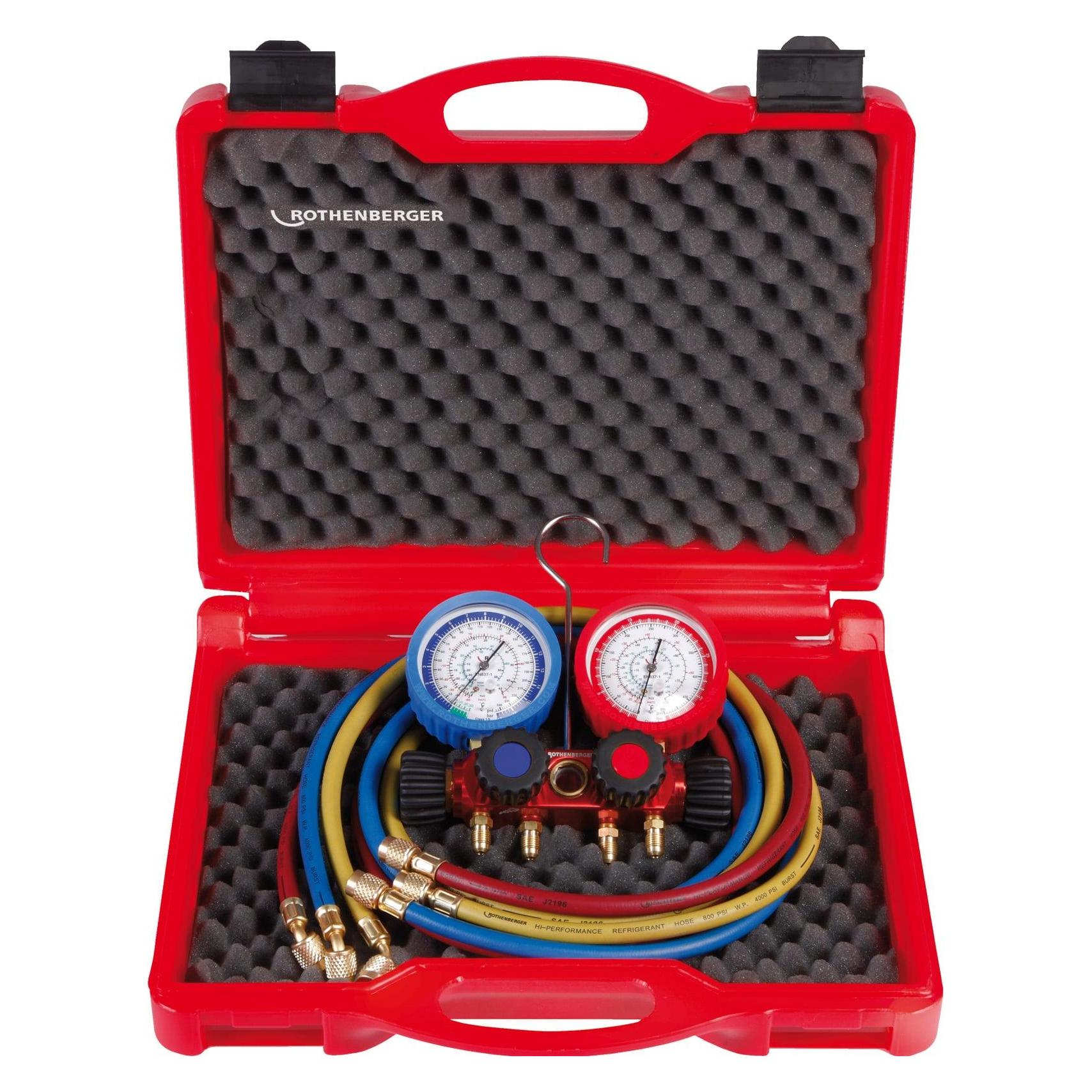 Rothenberger Analoges 4-Wege-Manometer-Set, inkl. Schläuche mit Kugelhahn für R410A und R32. (RO-170608)