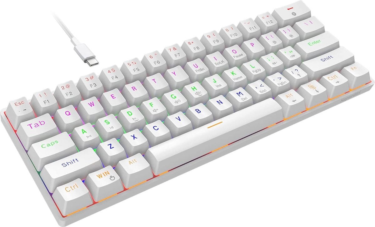 Compact mechanisch gamingtoetsenbord met RGB-verlichting, 60% formaat, blauw-wit met USB-C aansluiting