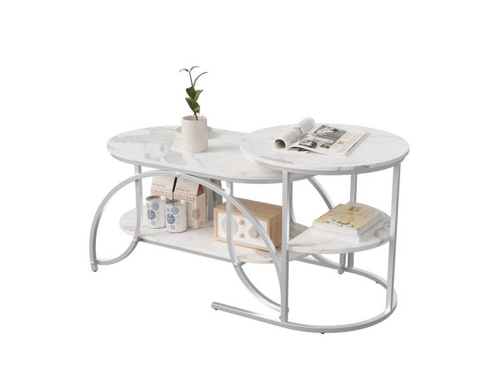 Shopentra Couchtisch oval mit Ablage, Marmoroptik Weiß, Silber Metall, 46x51x80 cm, Wohnzimmer, Wohnzimmertische, Couchtische