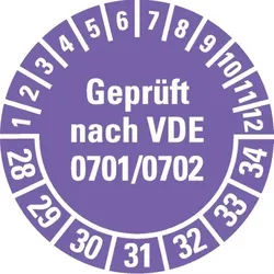 Dreifke® Prüfplakette geprüft nach VDE 0701, 28-34, violett, Dokumentenfolie, Ø30mm, 500 Stk.