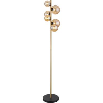 GLOBO LIGHTING Stehlampe "RIHA", schwarz matt, 6, H: 155cm, 1 Stk., Leuchten, Stehleuchte Schwarz/Messing, Amberglas, Fußtrittschalter, LED G9, Stehlampe