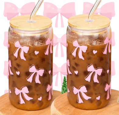Inspire Picks Cherry Bow Glass Tumbler With Straw bow Style 2pcs 500ml
