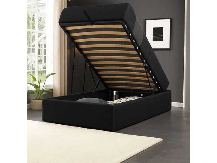 Lit Coffre - Loris - 90x200 cm - Noir - Montage Rapide - 12 Lattes en MDF