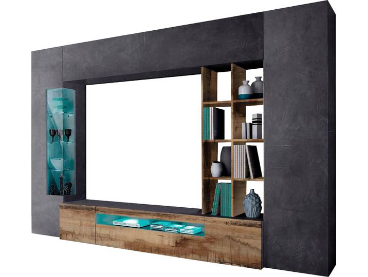 Wohnwand GOODPRODUCT New Egypt, Anbauwand, Medienwand, Wohnzimmerwand , braun (zement, peireira matt), B:290cm H:190cm T:40cm, Glas, Holzwerkstoff, Kastenmöbel-Sets, Wohnwand, Regalaufsatz Breite 290 Höhe 191
