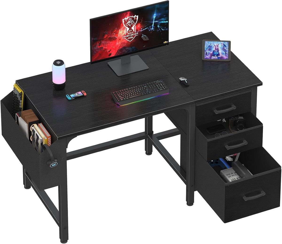 Zwart Computer Bureau met Lades en Opbergzak voor Thuiswerk, Studie en Schrijven - 120 cm Compact Ontwerp