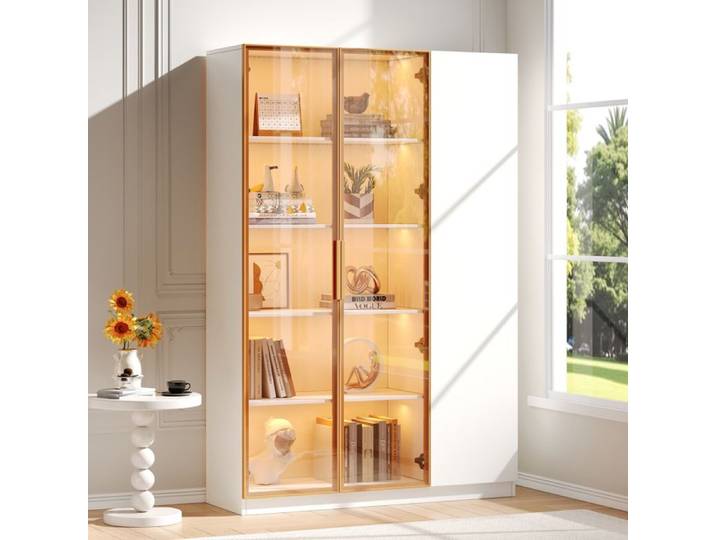 Luscriate - Vitrine 165 cm meuble vitrine 3 portes avec LED multicolore verre étagères réglables anti-basculement - Blanc