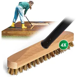 Novaliv 4X Schrubber aus Holz mit Union Borsten und Steckstiel vierteilig - Wischer mit Gewinde Scheuerbürste Boden-Bürstewurzelbürste Innen- Außenbereich Schrubber
