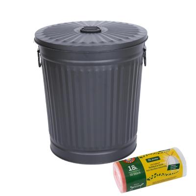 Jinfa 1 Retrodesign Metalleimer mit Griffen und Deckel + 50 Müllbeutel | schwarz | 18L