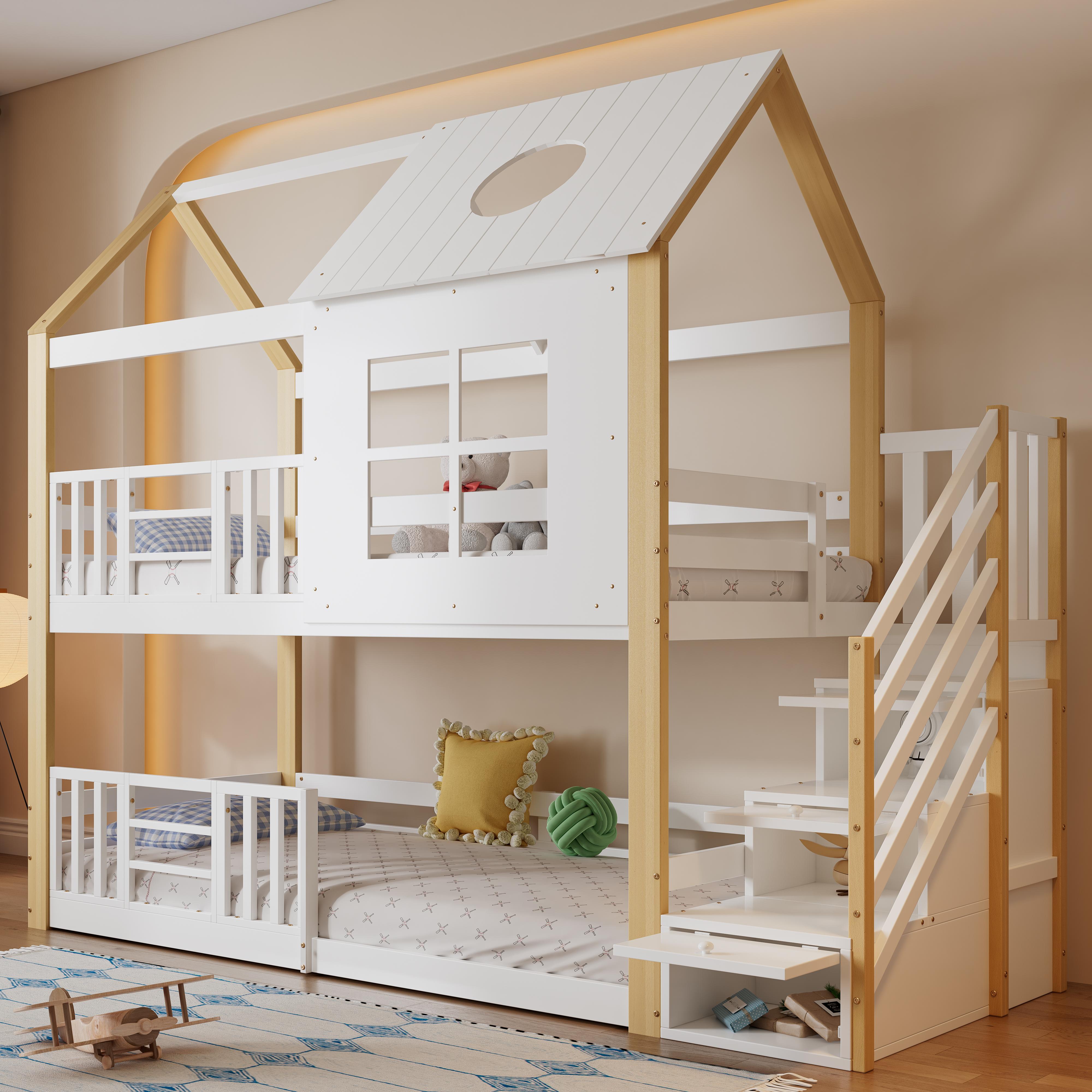 STILVORA Etagenbett 90x200cm, Kinderbett mit Aufbewahrungstreppe Fallschutzgitter, mit Fenster und Dach, Einzigartiges Design, einzigartigen Dachdesign, Weiß+Natur