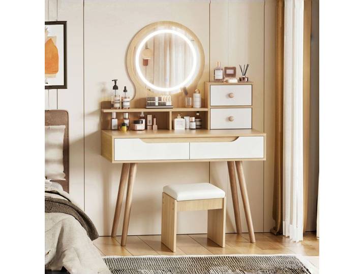 Coiffeuse - ZEVKOR - Coiffeuse avec Miroir LED Rond - 4 tiroirs - Tabouret rembourré - Bois naturel et blanc
